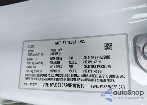 2022 Tesla Model 3 Rear-Wheel Drive from USA, damaged, VIN 5YJ3E1EA9NF101519